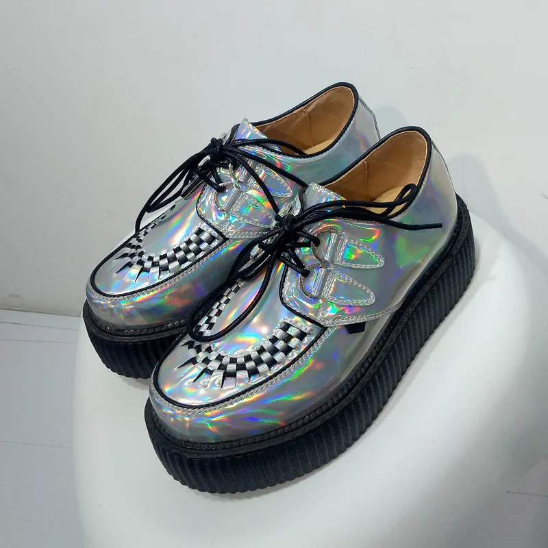 Spring Autumn 2018 Fashion Silver Laser Hologram Women Goth Punk High Platform Flat Creepers Shoes HARAJUKU Creeper Woman Girls  (7)