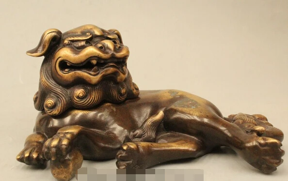 

7" China Chinese Fengshui Bronze Fu Foo Dog Lion Statue Incense Burner Censer 06.08