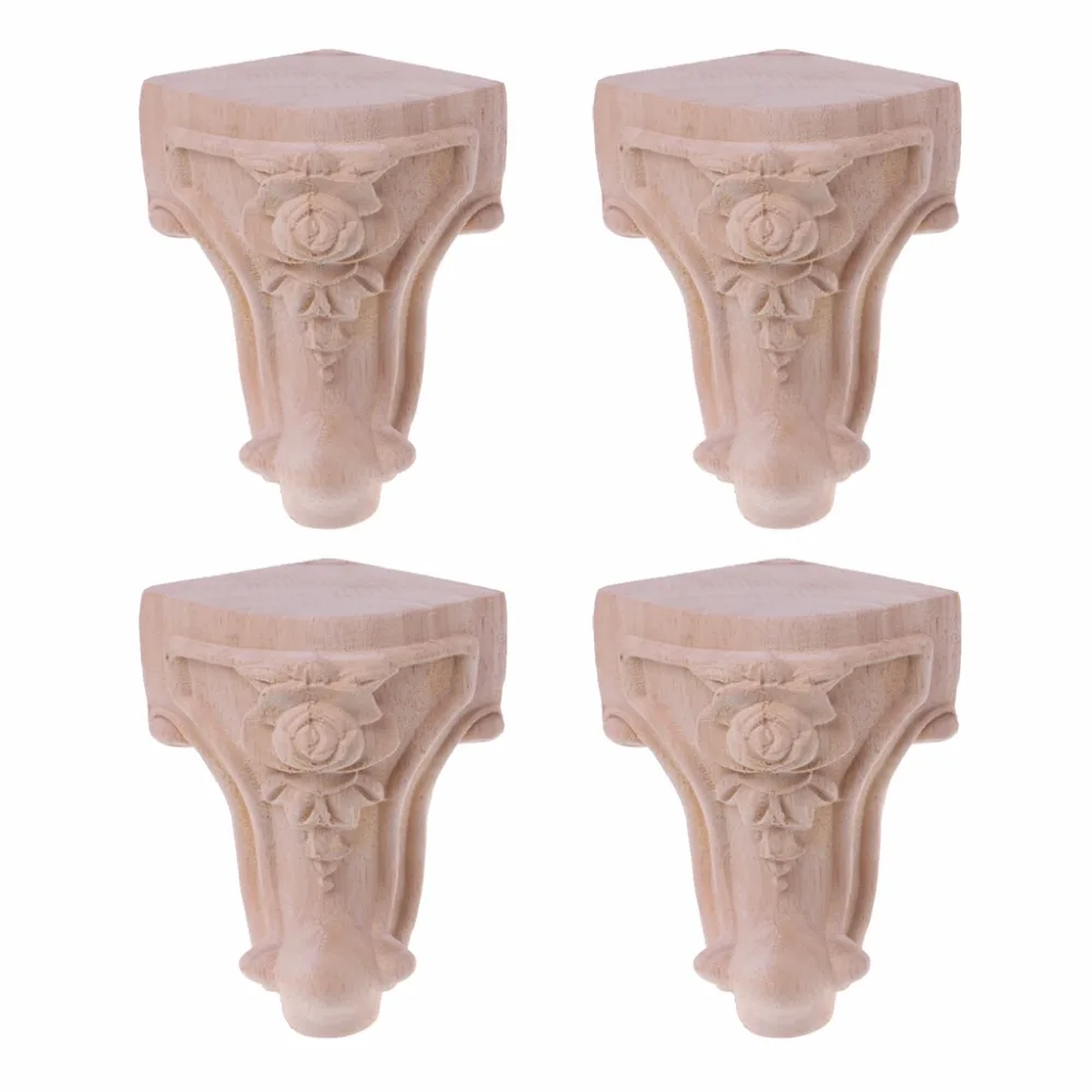 

4 pcs Wooden Furniture Legs Solid Wood Flower Carved TV Cabinet Seat Feet No Painting