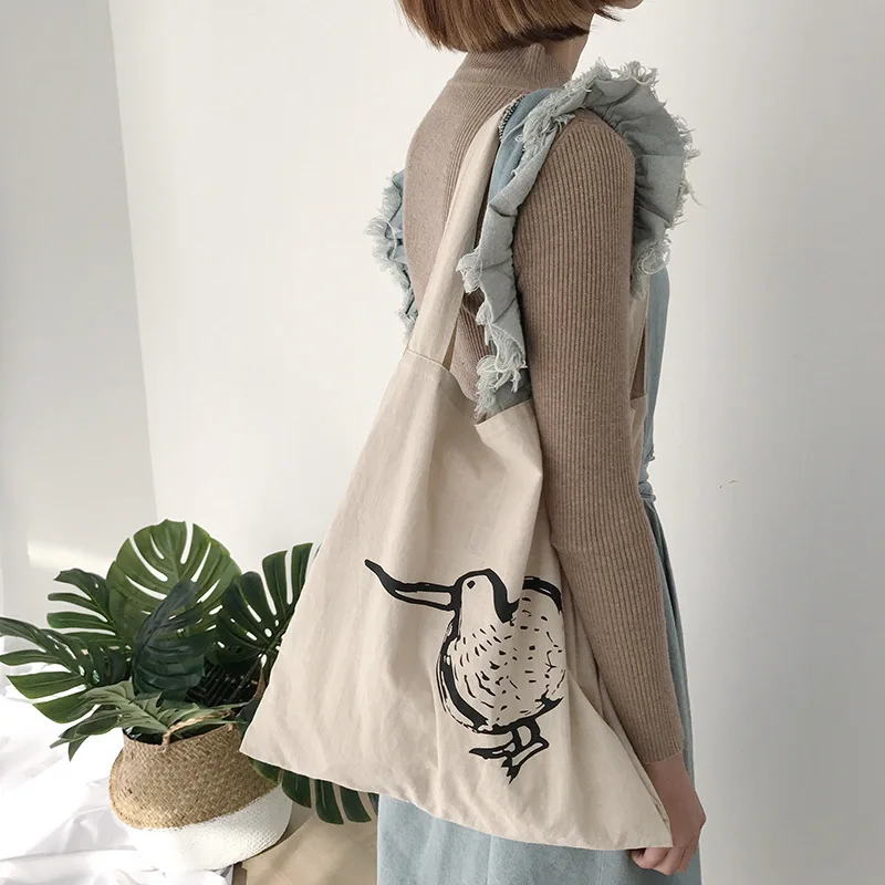 

YILE Cotton Canvas Double Bag Casual Shopping Tote Shoulder Bag Print English Letter Bird L1230b