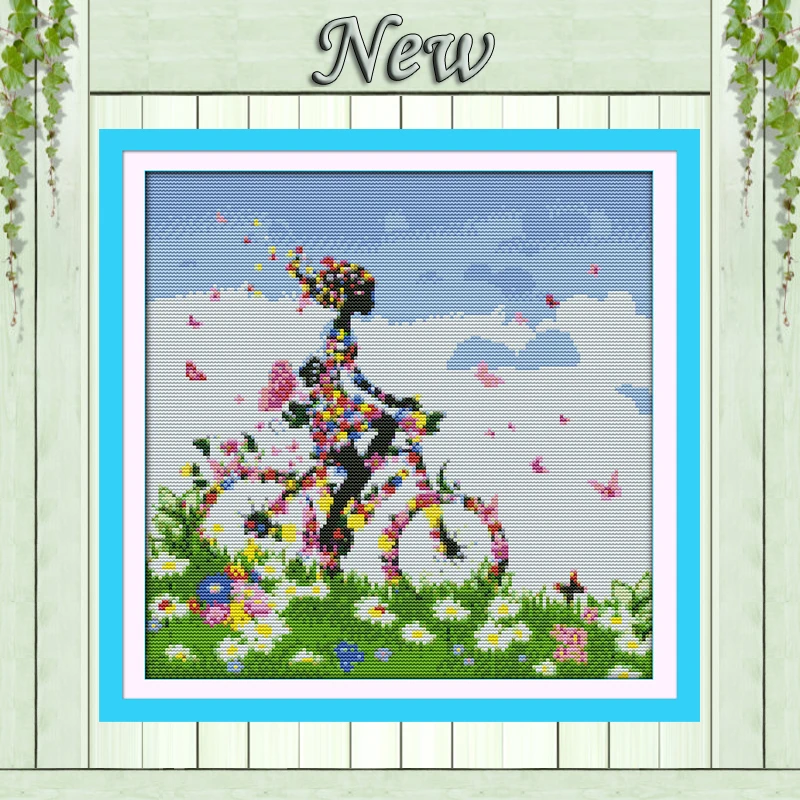 

Flower fairy bike,Counted Printed on canvas 11CT DMC 14CT Cross Stitch Embroidery kit,needlework Set,woman by bicycle in garden