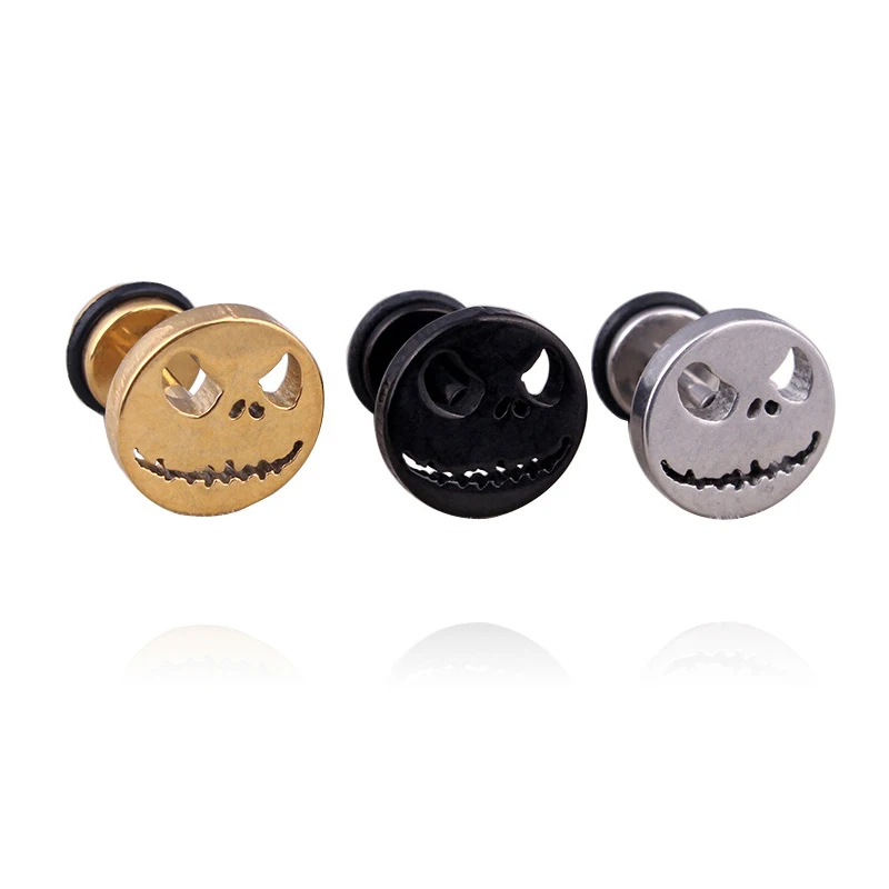 

QCOOLJLY 1pc fashion titanium ear studs earrings halloween nightmare skull silver gold black 10mm pendientes brincos men women