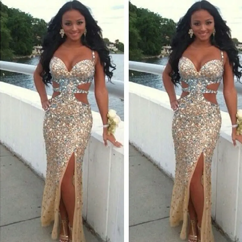 

Luxury Crystal Long Prom Gown Spaghetti Straps Sweetheart Side Split Evening Dress for Wedding Party