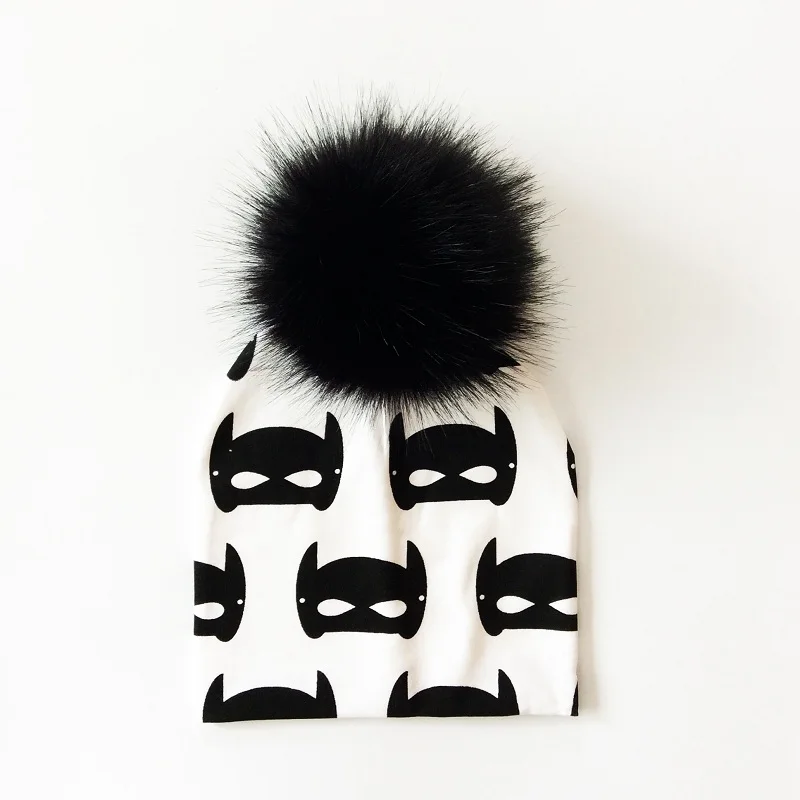 Autumn Kids Boy Girl Winter Cartoon Printing Cotton Hat With Pompon Artificial Fox Fur Baby Caps Children's Accessories Bonnet