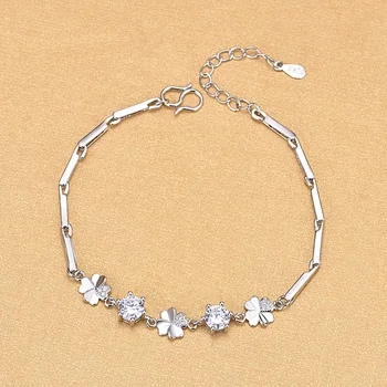 

Real 925 Sterling Silver Four Leaf Crystal CZ Wedding Bracelets Fine Jewelry