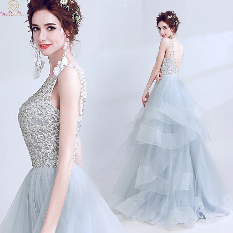 

Elegant summer Appliques Prom Dresses 2019 New Design A Line Gray Scoop Neck Backless Formal Long Ruffles Evening Party Gowns