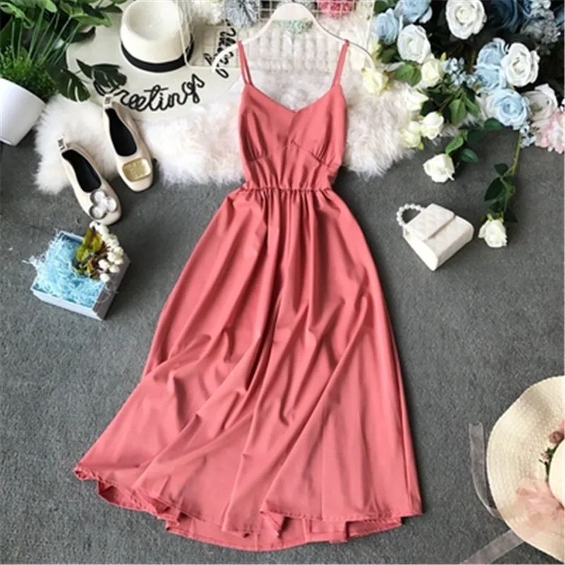 

Dress 2019 New V-collar Bow Tie Pure Color Women Sleeveless Elegant Vestidos dresses woman party night vintage dress PZ1829