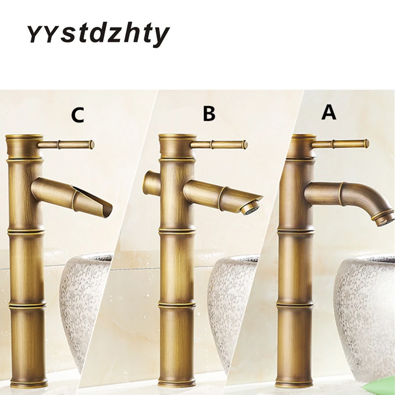 

Free Shipping Antique European Copper Bamboo Bathroom Kitchen Basin Above Counter Basin Faucet Waterfall Faucet