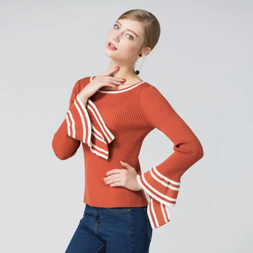 

Free Shipping MLKL New Spring Autumn Fashion Tops Women Long Flare Sleeve Color Block Slim Knit T-shirt Black/White/Rusty Red