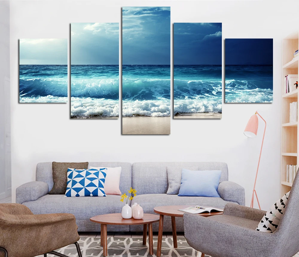 Blue Seas Waves Paintings Oil Wall Art Pictures 5pcs Seas Waves