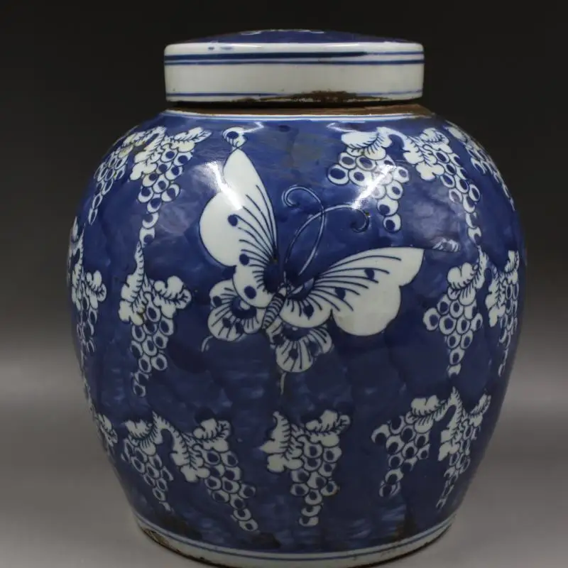 Antique QingDynasty porcelain pot,blue and white butterfly jar,Home