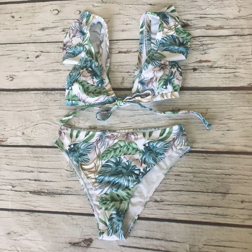 Hot Leaves Print Bikinis 2019 Rash Guards Ruffle Shoulder Women Bikini Set Bathing Suit Swimming Suits For Women Biquinis