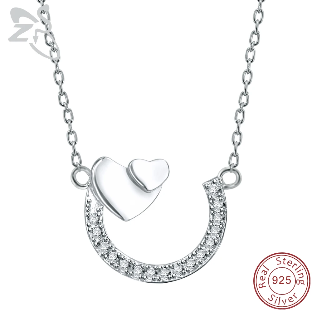 

ZS Horseshoe Double Heart Pendant Necklace Real 925 Silver Necklace Paved AAA Cubic Zirconia Crystal Necklace Women Girl Gifts
