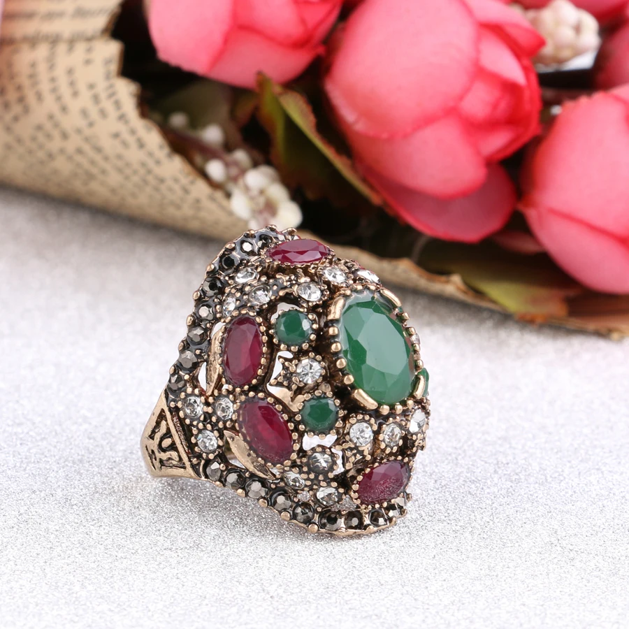 Crystal Rings Luxury Turkish Colorful Resin Ring Ancient Gold Vintage Wedding Rings For Women Crystal Accessories Gift