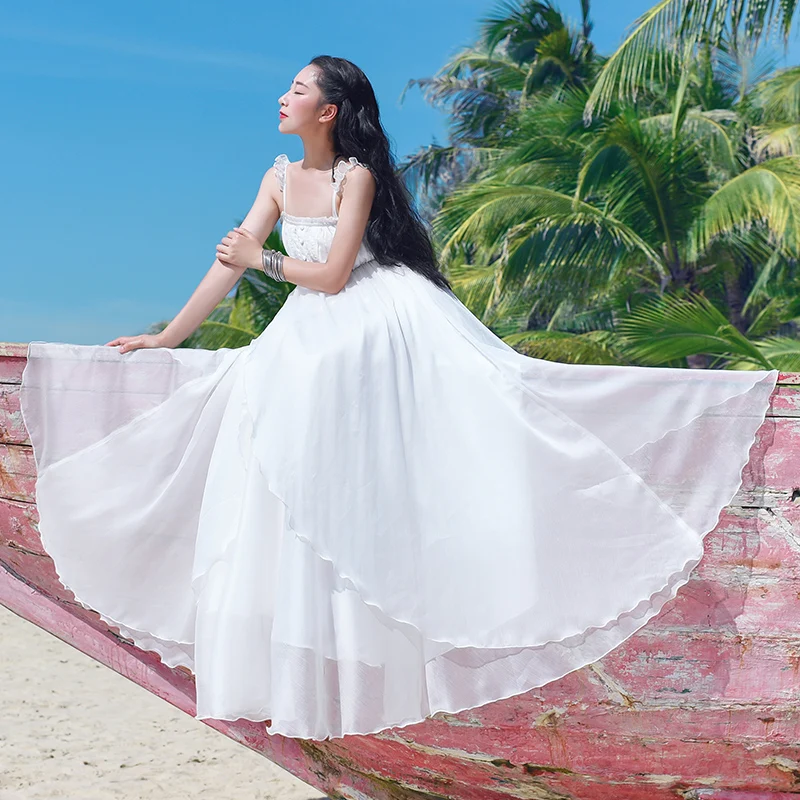 

Free Shipping 2019 New Fashion Women Chiffon Long Maxi Sleeveless Ruffles Summer Boshow Bohemian White Spaghtti Strap S-L Dress