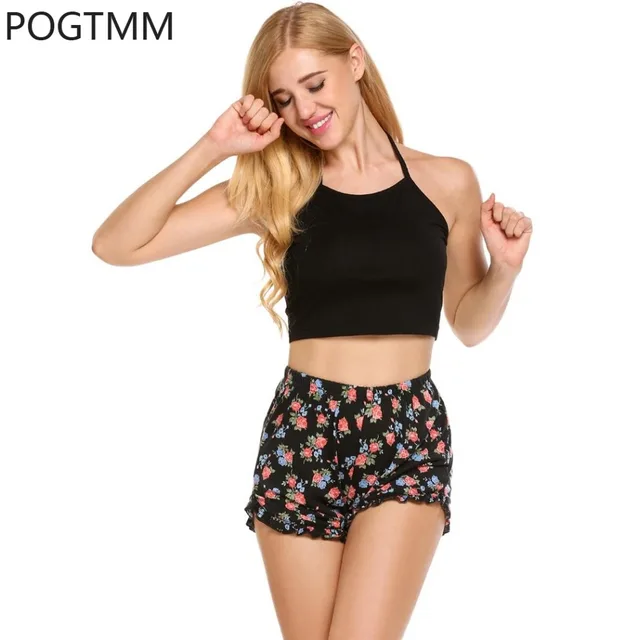 Lady Pajamas Set Halter Sleeveless Crop Top And Print