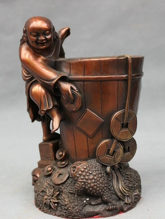 

Chinese Pure Bronze Wealth Toad Hoptoad Statue God Pencil Vase Brush Barrel Pot