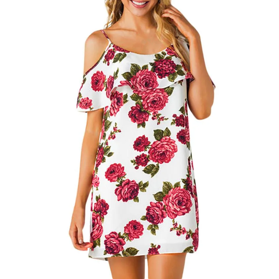 

Women Chiffon Dress Summer Open Shoulder Short Sleeve Rose Print Mini Dresses Vintage Floral Shift Dress #10