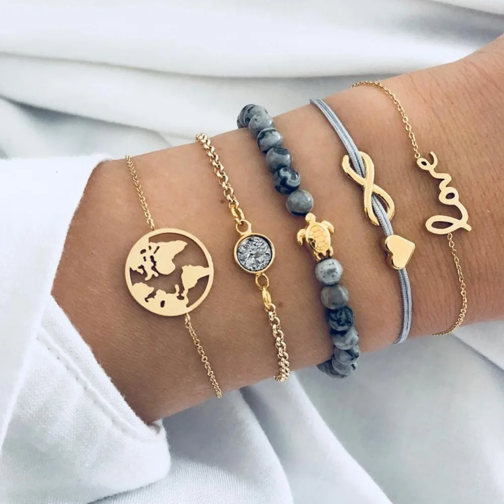 Rurah 5Pcs Bracelet Set Women Map Sea Turtle Love Bracelet Turtle Heart Map Pendant Bracelet Wrist Chain Jewelry Accessories