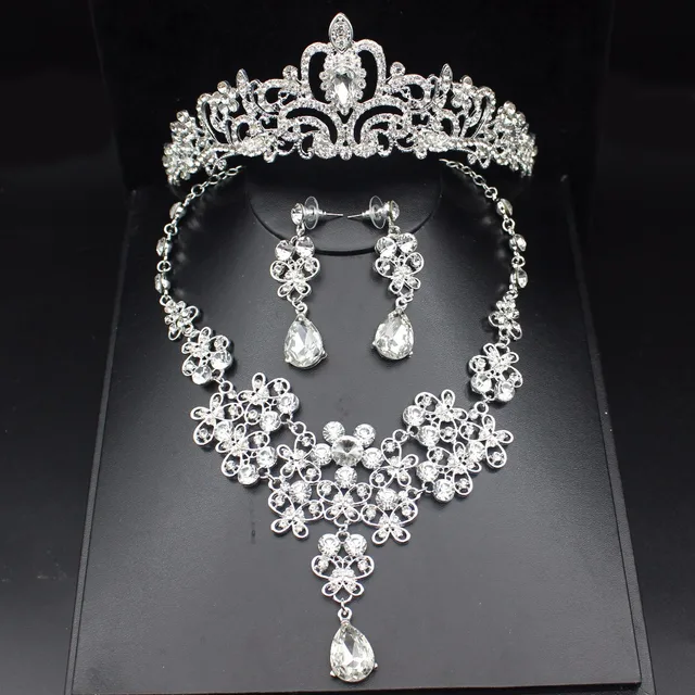 Sparkling Silver Wedding Bridal Jewelry Sets For Women Prom Sparkling Silver Wedding Bridal Jewelry Sets For Women Prom Accessories Tiara Bride Necklace