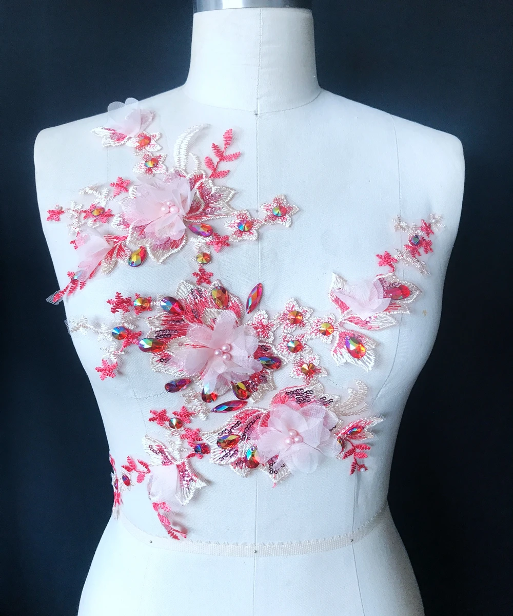 

3D Three-dimensional embroidery flower red lace applique trim patches patches 37*27cm for dress DIY accessories