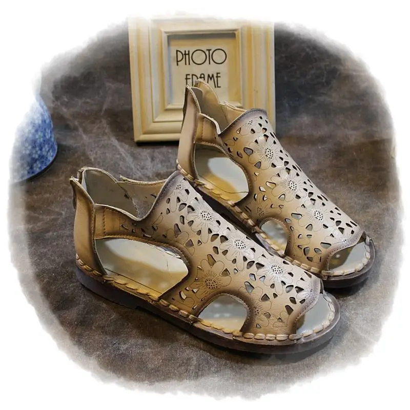 

2018 new hand-stitched leather soft hollow retro fish mouth casual shoes tendon bottom soft bottom women's shoes.