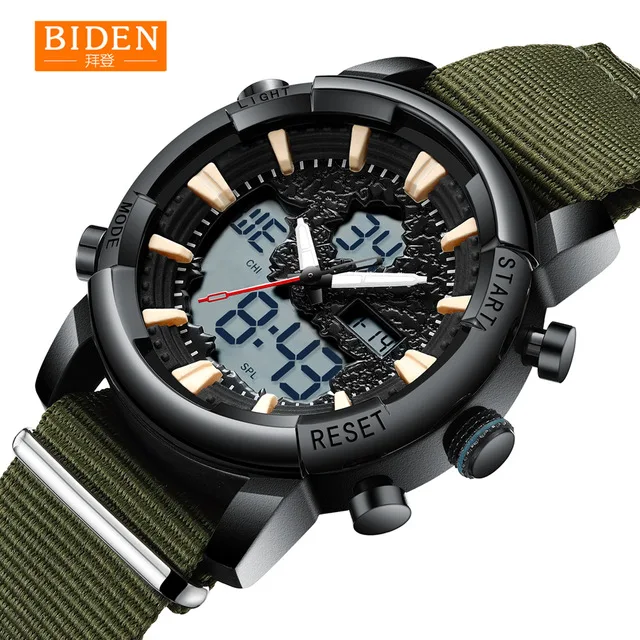 

BIDEN Brand Quartz Sports Waterproof Watch LED Display Nylon Strap Army Multifunctional Mens Wrist Watches