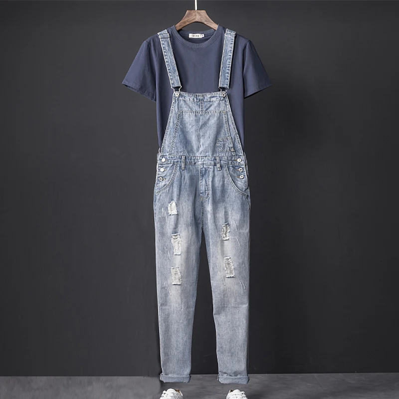 Summer Fall Fashion Men's Ripped Hole Blue Denim Jumpsuits Overalls
