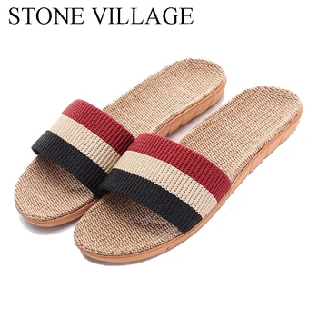 

STONE VILLAGE Summer New Linen Slippers Indoor Floor Shoes slides mixed colors men women slippers summer home slippers