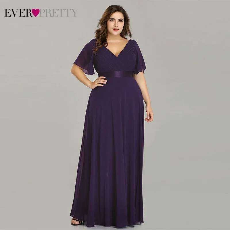 Dark Purple Вечерние платья размера плюс Ever Pretty EP09890, элегантное шифоновое вечернее платье с v-образным вырезом и оборками, вечернее платье, платье для вечеринки, Robe De Soiree - Цвет: Dark Purple