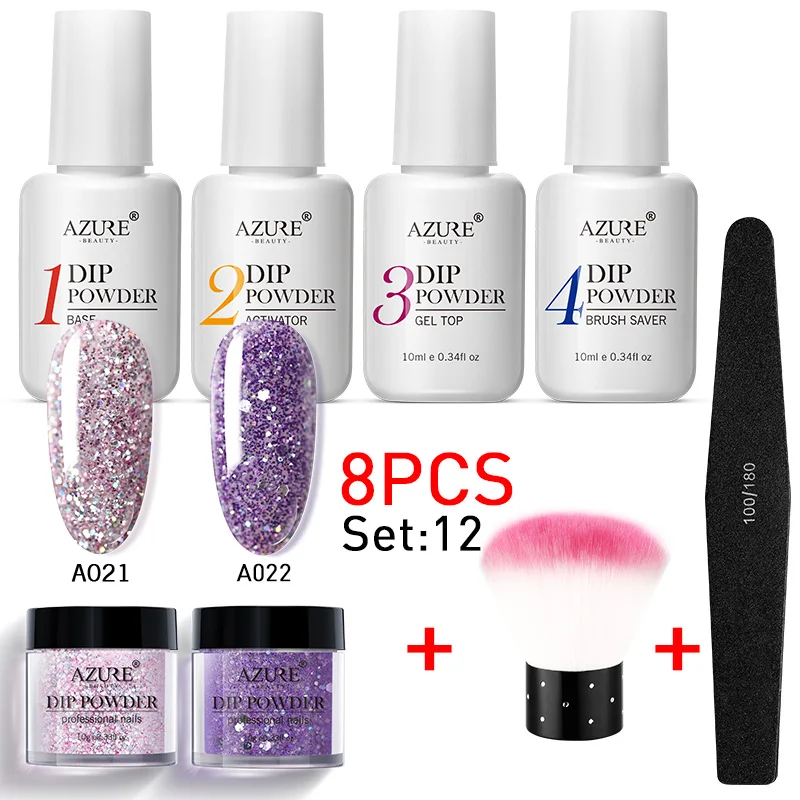 

Azure Beauty 8Pcs/Lot Dipping Powder Nail Art Base Top Coat Kits Shiny Dip Powder Gradient Color Nail Powder Brush Saver Kits