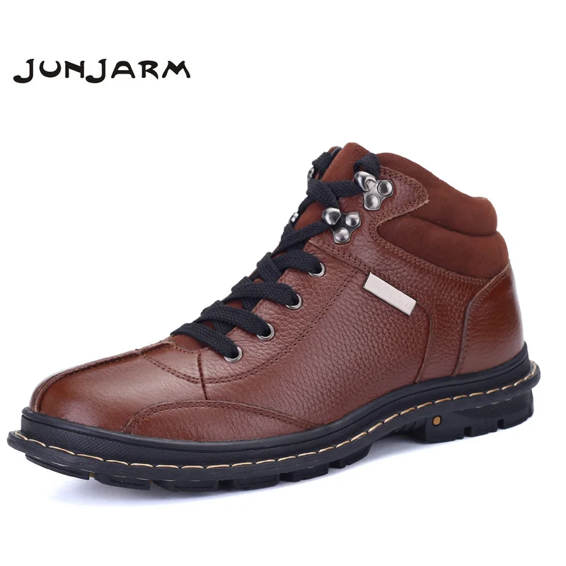 

JUNJARM 2019 Hot Sale New Men Winter Shoes 100% Genuine Leather Men Boots Shoes Warm Winter Male Boots Ankle Booties Big Size 47