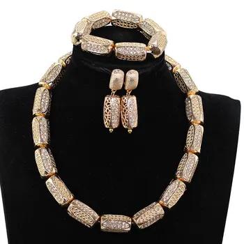 

Cylindrical Gold/Silver African Beads Bride Jewelry Set Polygonal Cylinder with Bright Rhinestone Nigeria Wedding Jewelry P84-5