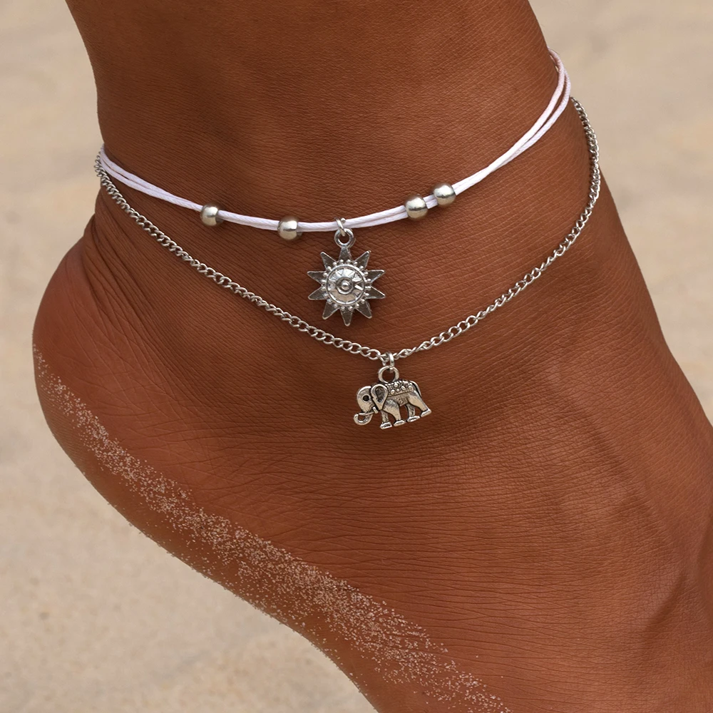 

MAXX Vintage Multiple Layers Anklets For Women Retro Elephant Sun Pendant Foot Jewelry Barefoot Sandals Ankle Bracelet on the Le