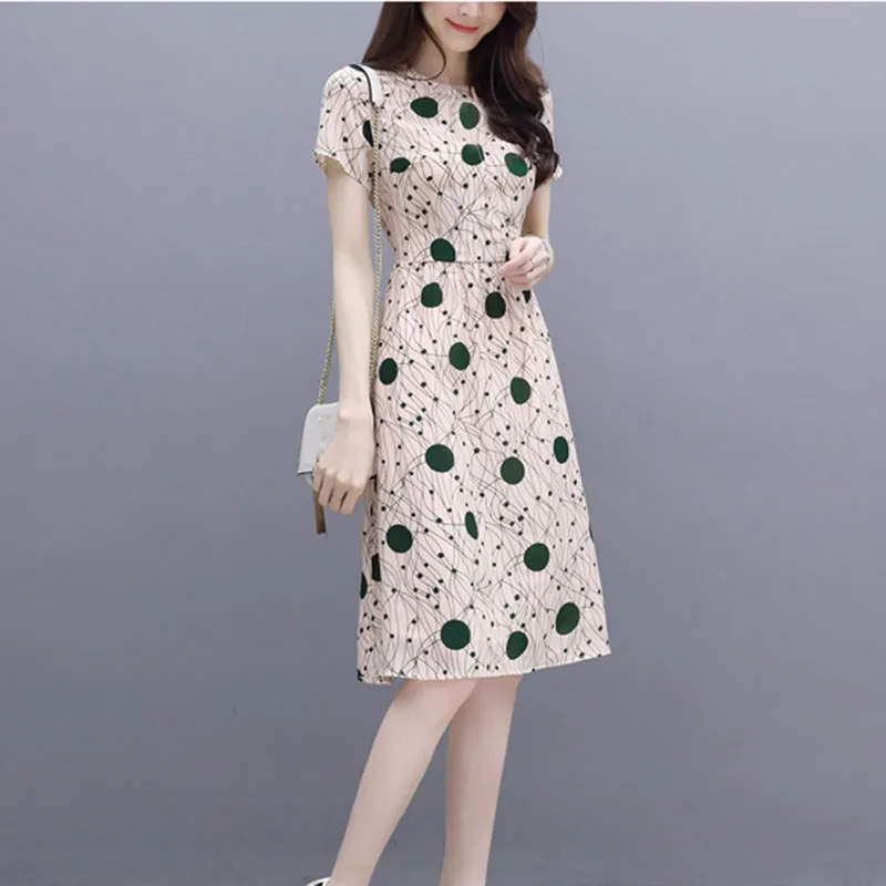 

Fashion Dot Print Thin Slim High Waist Summer Dress Short Sleeve O-Neck Midi A-Line Dresses For Women Vestidos Plus Size 3XL