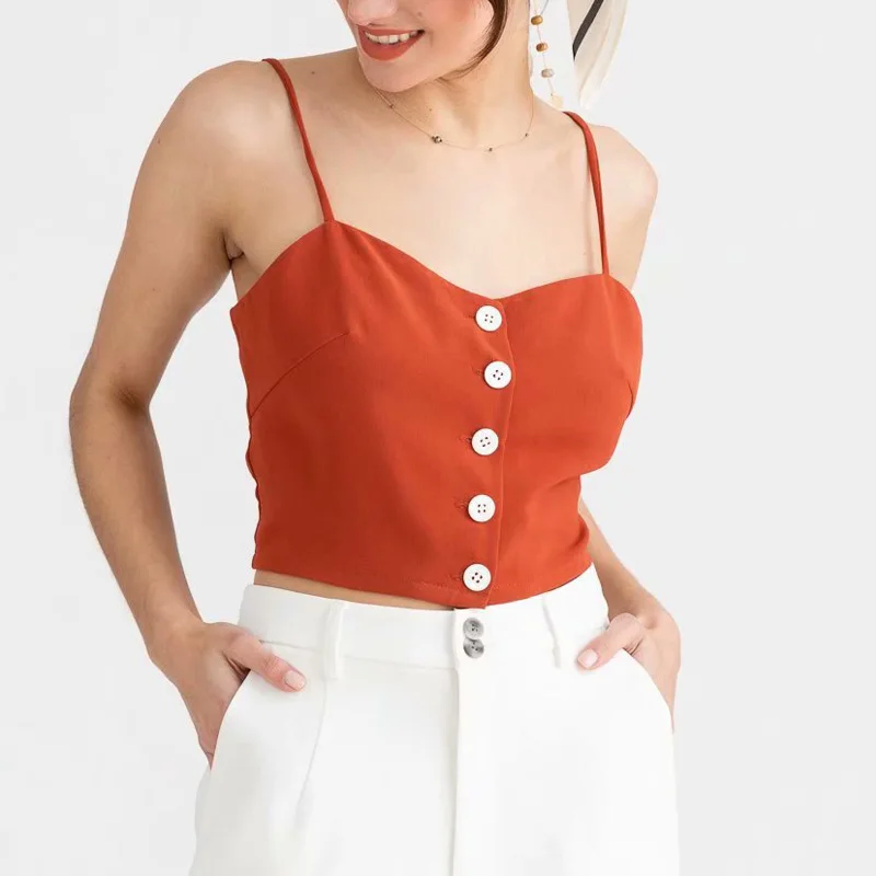 

Camisole female summer casual solid color button decoration short paragraph camisole