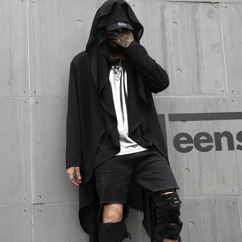 

Darkly Stylish High Street Gothic Black Men's Hooded Long-Sleeve T-Shirt Cloaks Hip Hop Male Casual Tops Tees hotboom Streetwear