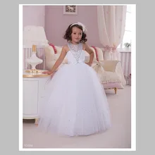 Бальное платье Бисером Высокий Воротник Белый Тюль Платье Девушки Цветка Девушки Pageant Платья Кристалл платье de daminha para casamento