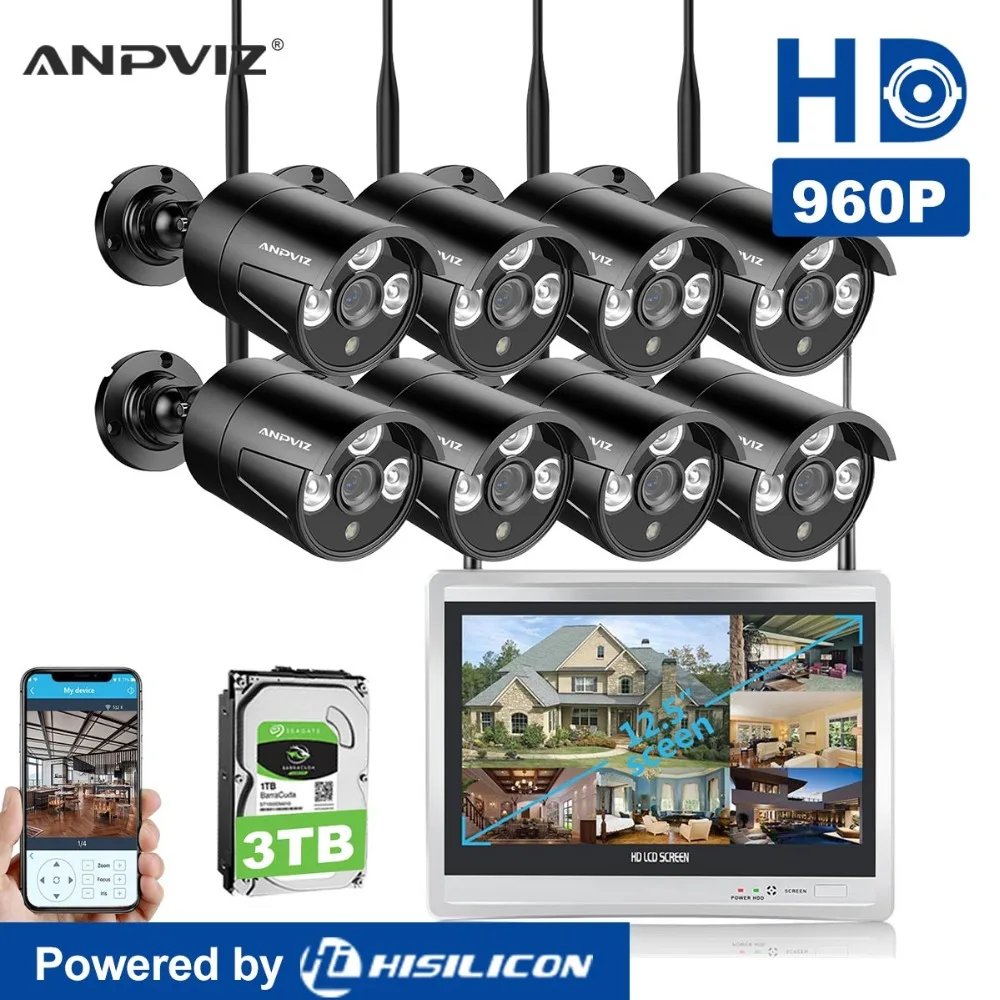 

Anpviz Wireless Security Camera System 8CH 1080P 12" WIFI NVR Kit CCTV 8pcs 960P Indoor Outdoor Bullet IP Cameras P2P IR Night