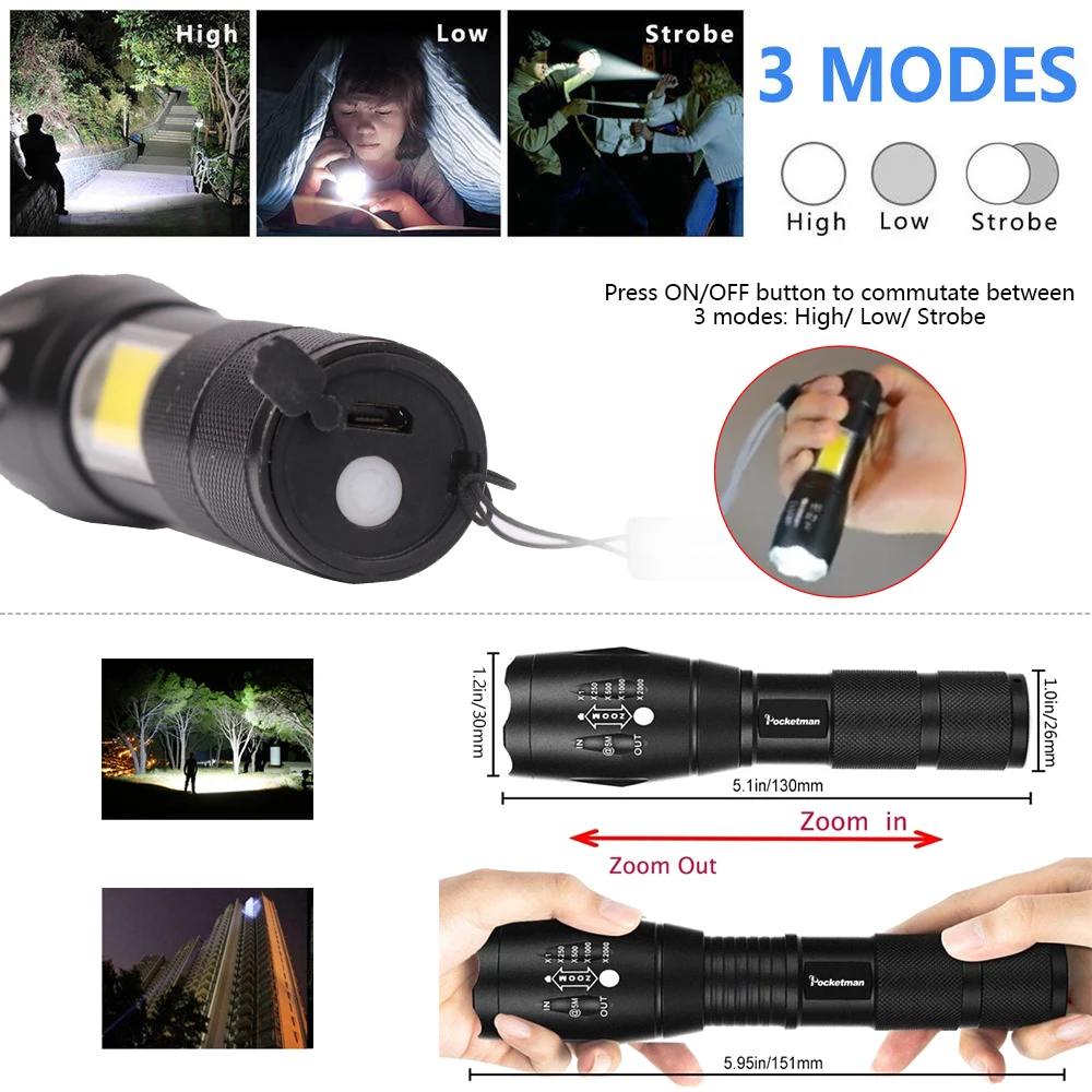 10 лм мощность USB фонарик LED + COB факел L2/T6 тактический Flashligt Масштабируемые Lanterna
