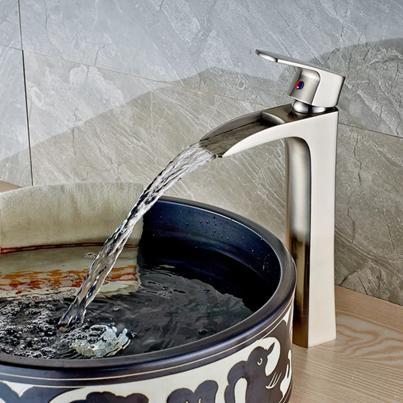 

Waterfall Brushed Nickel Bathroom Basin Faucet Deck Mount Vanity Sink Mixer Tap