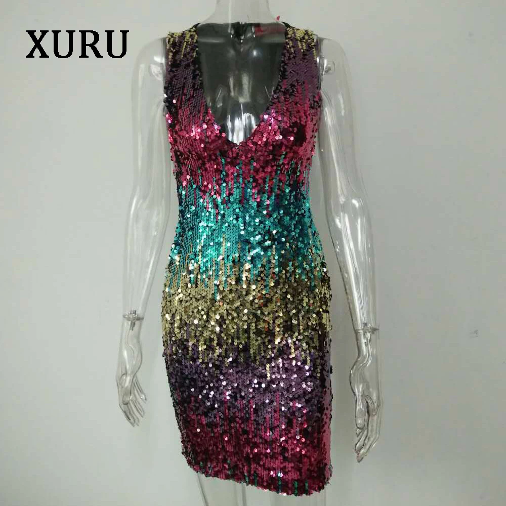 XURU Новое сексуальное платье с пайетками сексуальное Клубное вечернее платье красного фиолетового синего цвета без рукавов сумка Хип годовое платье