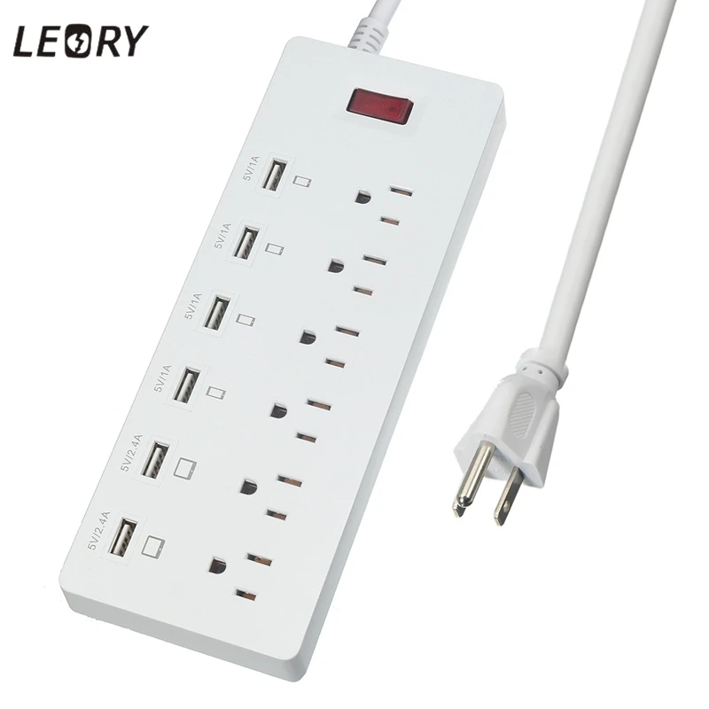 

LEORY 5V 2.4A Outlet Socket 4 US AC Power Socket 6 USB Power Strip Protected Extension Lead Outlet USB Charging Adapter US Plug