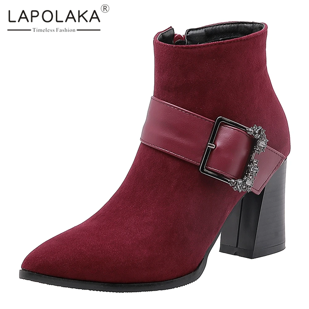 

Lapolaka Plus Size 32-48 Hot Sale Add Fur Warm Winter Boots Woman Shoes Women Chunky Heels Buckle Decoration Ankle Boots Women