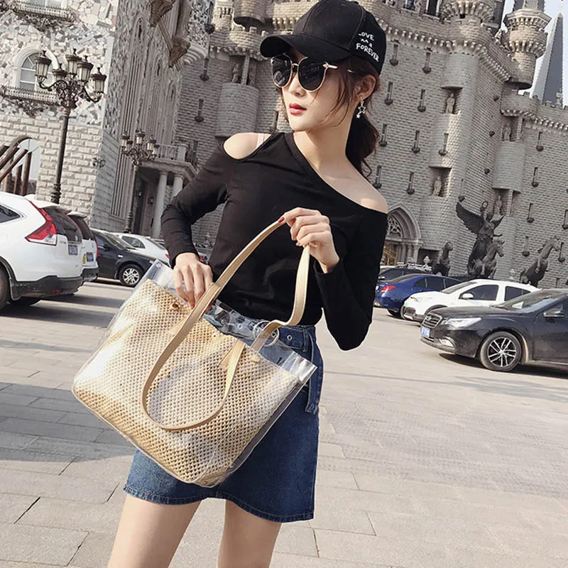 New Women Summer Transparent Handbag INS Popular Female Travel Straw Composite Bags Beach Lady Shoulder Bag Large Bolsa SS3316 (8)