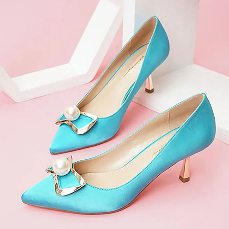 

Pumps Women Shoes High Heels 6cm Pearl Stiletto Blue Pumps Metal Heels Fashion Ladies Shoes Office Casual Sexy Women Footwear