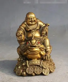 

YM 305 Chinese Buddhiam Brass Wealth Happy Maitreya Buddha Golden Toad Spittor Statue