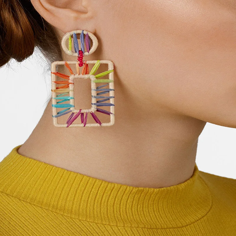 

New Big Drop Earrings Colorful Raffia Earrings Hand-woven Double Circle Long Earrings Bohemian National Woman Fashion Jewelry