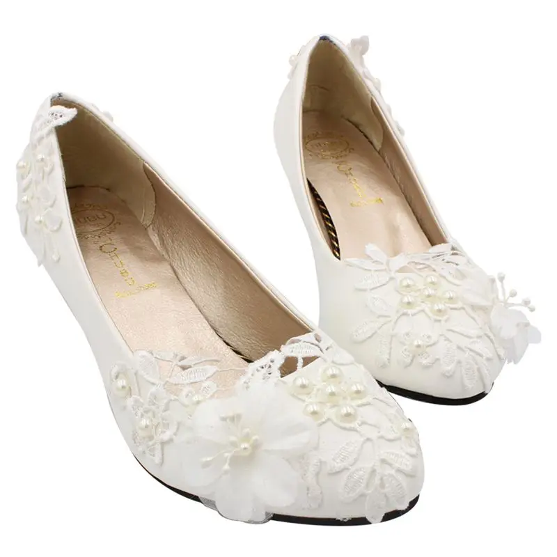 White Lace Flower Wedding Shoes Bride Handmade 3cm Low Small Heel