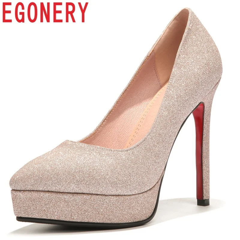 EGONERY women shoes new fashion sequined cloth super high thin heels platform shallow silver and golden sexy party lady pumps
